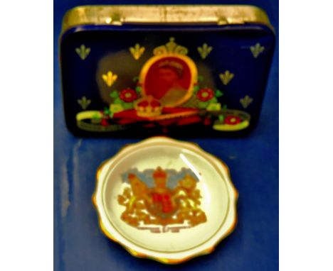 Royal Albert Bone China - Small Dish Queen Elizabeth II Coronation 2nd June 1953. In tin with bill for "Ash Tray" for '3/11' 