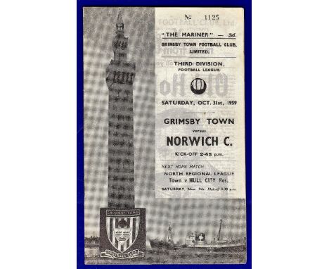 Grimsby Town Football Programme - 1959 (Sat. 31 Oct)  Grimsby Town v Norwich City.  Good.