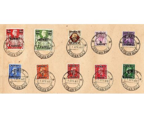 Kuwait - 1948 ½a to 5 Rupees (10)  First Day (1 April) cancelled on piece (SG62-73).