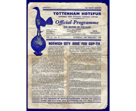 Tottenham Hotspur Official Football Programme - 1959 (Wed. 14 Feb)  Tottenham Hotspur v Norwich City.  F.A. Cup 5th Round.  (