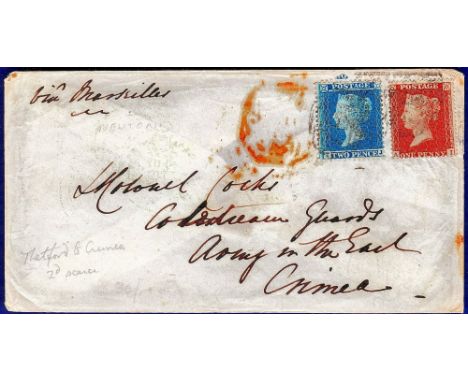 Crimean War - 1858 ENV  Thetford to 'Army in the East' Crimea to Lt. Colonel Cocks, Coldstream Guards with 1858 2d Blue and P