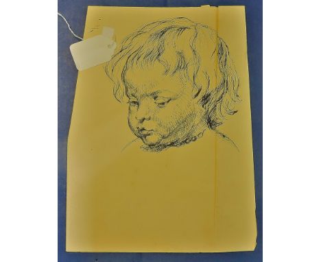 Pen & Ink Portrait - Of Child's head with necklace  On paper with 3 rough sketches on reverse fold.  Peaceful expression.  Sl