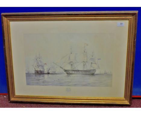 Print - Superb of the English and French Fleets  In the Baltic in 1854.  30" x 20".  Lovely item, note steam tug to the left!