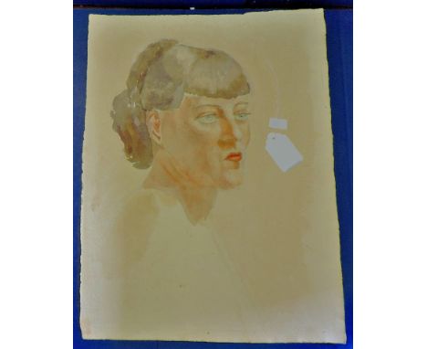 Painting - Portrait of lady  In watercolour on thick paper with nice thoughtful expression.  On reverse partially coloured pe