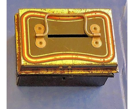 Vintage small tin-plate Moneybox cash-tin  3" x2" approx.  (useful desk top).  No key.