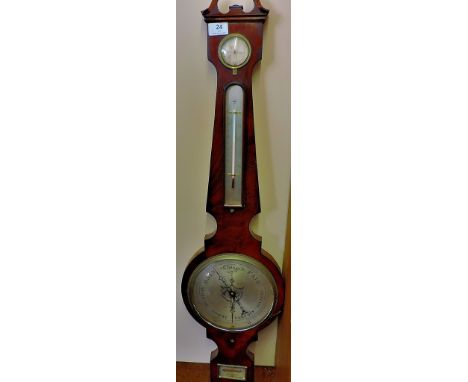 A good quality, 19th C, flame mahogany banjo barometer with swan neck pediment and brass finial.  The silver dial with pierce