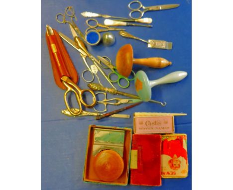 Sewing Lot - Vintage sewing related collection  Including a rare case of needles and two darning mushrooms.