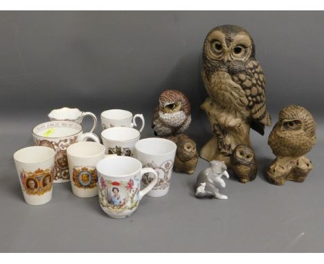 A large Poole pottery owl 12.5in tall, four others including Barbara Lindsey-Adams, a small quantity of mostly modern commemo