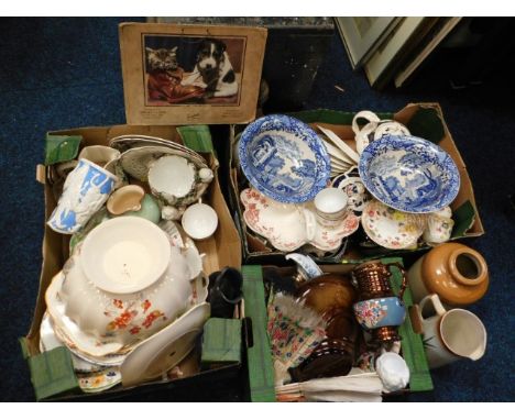 Three boxes of mostly mixed ceramic items including Spode Italian bowls (slight staining), stone ware pot &amp; other china