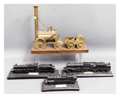 A brass model of Stephenson's Rocket, 10.5in high &amp; three models of later steam trains
