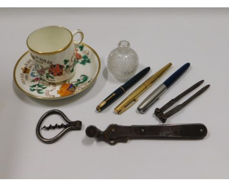 A Hammersley commemorative cup &amp; saucer, an antique corkscrew, a Parker fountain pen &amp; two others, one lacking nib, a