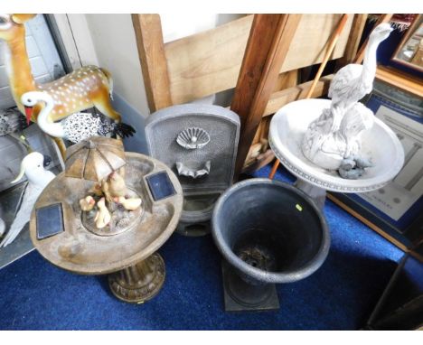Three solar powered resin garden water features/bird baths &amp; one plastic planter, tallest 42in