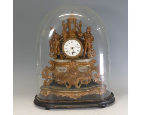 A 19th century French gilt metal and onyx mantel Clock, house in glass dome, the white enamel dial with Roman numeral hours, 