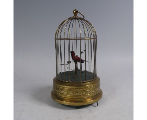 A 20th century singing bird Automaton in gilt brass cage,&nbsp;probably French, with key wind mechanical movement, single bir