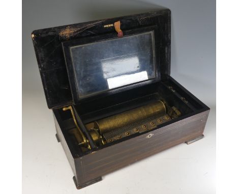 A late 19th/early 20th century rosewood and ebonised Swiss music Box, the hinged top decorated with marquetery Lute amongst l