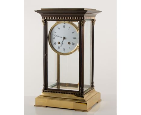 French four glass mantel clock, Corinthian columns to corners, white enamel dial, French cylinder movement, height 34cm.