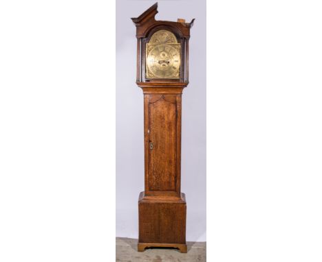 An oak longcase clock, arched brass dial signed R. Stephens, Leicester, the dial with a lunette top with second dial and date