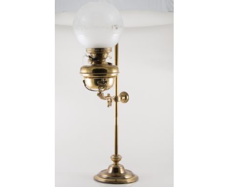 Brass table lamp, adjustable with a frosted shade, circular vase, maximum height 99cm.