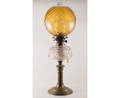 Edwardian oil-lamp, opaque glass shade, clear glass reservoir, circular base with chimney, height 56cm; and another table lam