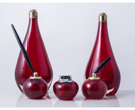 Whitefriars, two cased glass lamp bases, ruby, brass mounts, 26cm and 27cm; together with two controlled bubble pen stands an