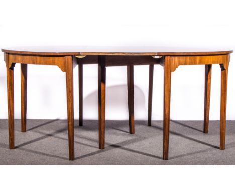 George III mahogany dining table, formed as two D-shaped ends, each with a plain frieze, square tapering moulded legs, each w