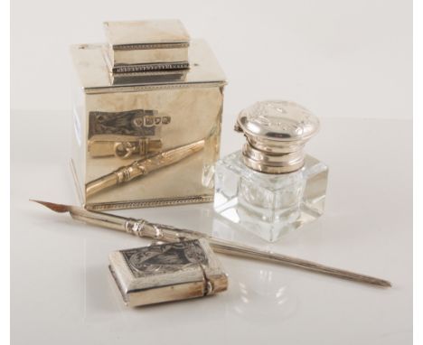 Silver tea caddy, H.A. & S., London 1913, rectangular form, 8cm; miniature funnel; pen; silver mounted inkwell; rectangular v