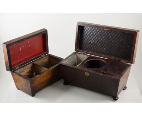 Rosewood sarcophagus shape caddy box, 30cm, damaged; and another, (2).