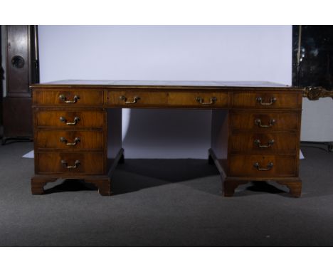 George III mahogany partner's desk, large rectangular top with a leather inset, a moulded edge, one side fitted with three fr