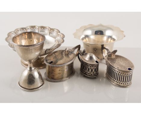 Silver bowl, another, double measure, six condiment, and small flask.