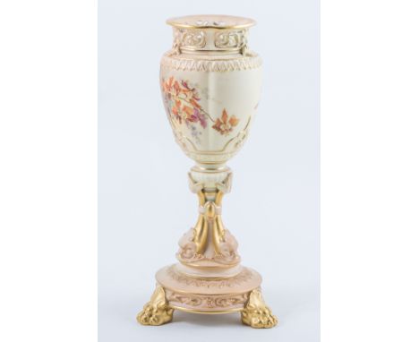Royal Worcester pedestal flower holder, 1895, column moulded with mask heads and scrolls, the column with three dolphins on l