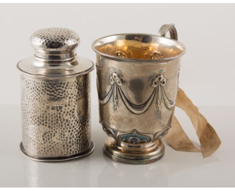 Silver mug, embossed with ribbon ties and palmettes, James Dixon & Son, Sheffield, Sheffield 1908, 10cm; and a beaten finish 