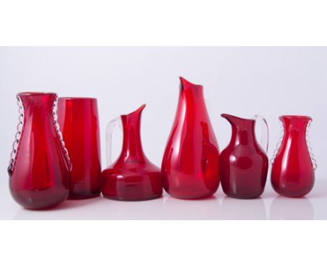 Whitefriars, six pieces of ruby glass ware: including jug, pattern 9621, 17.5cm; mug, pattern 9504, 14cm; jug, pattern 9648, 