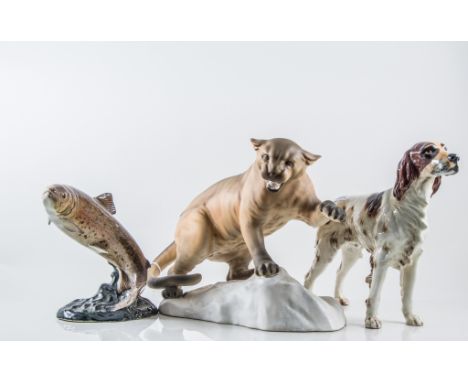 Beswick Puma on a rock, matt finish, No.1702, 21cm,  Goebel Dog No.362822, Beswick Trout No.1032, (3).