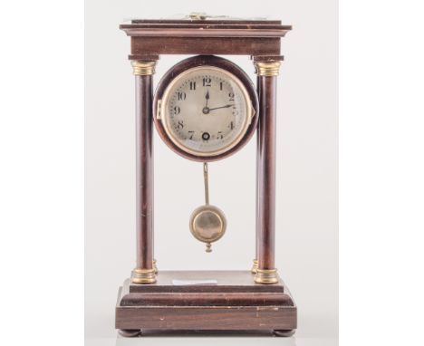 Stained wood Portico clock, circular dial, Continental cylinder movement, height 27m.