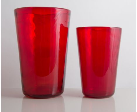 Marriott Powell for Whitefriars, two ribbed Tumbler vases, pattern 8473, ruby colourway, 19cm and 15cm high (2)