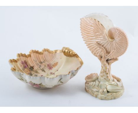 Royal Worcester conch shell vase, 1896, coral formed base with shells, blush coloured, pattern no.101, 18cm; and a Royal Worc