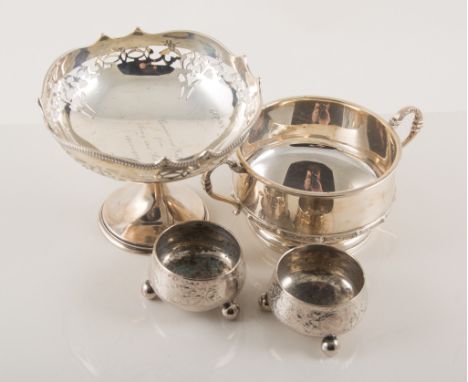 Silver two-handled sugar bowl, Birmingham 1939, Celtic style decoration, width 14cm; pair of plated circular salts, with smal