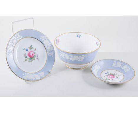 Copeland Spode teaware, painted with flowers, blue and white border, and a Royal Worcester blush ivory ground potpourri vase,