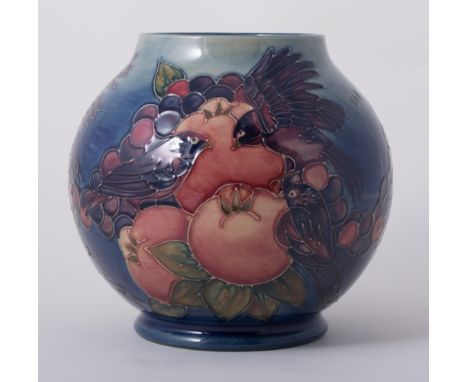 Sally Tuffin for Moorcroft, 'Finches' a globe vase, 1990, blue ground colourway, stamped marks, 16.5cm high