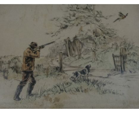 Henry Wilkinson, Pheasant Shooting, signed, limited edition, hand-coloured dry-point, 20/75, 23cm x 29cm.