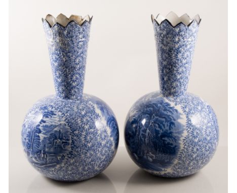 Pair of Viennese urns, printed decoration, height 33cm; and a pair of Kent Fenton Ye Olde Foley ware blue and white print war