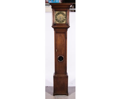 Mahogany longcase clock, cavetto cornice, three quarter fluted columns, long door with glass pendulum aperture, bracket feet,