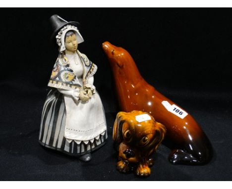     A Sylvac Model Puppy, Number 1246, Together With A Pottery Seal & A Welsh Lady Figure                                    