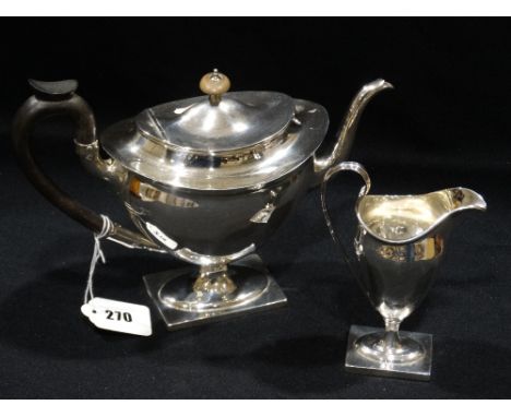     A Square Based Silver Teapot & Matching Cream Jug With Hallmarks For Sheffield 1911, The Teapot Weighing 448grm All In, T