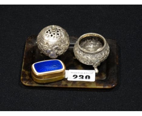     An Indian Silver Cruet Set, Together With An Enamel Decorated Snuff Box         
