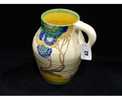      A Clarice Cliff Design Barrel Jug With Stylized Flower & Tree Pattern, 8" High  