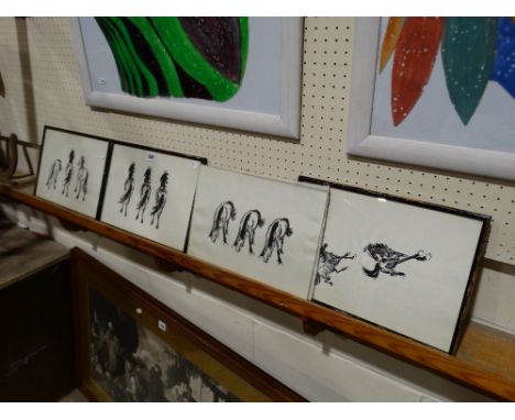     A Group Of Four Mid 20th Century Silkwork Prints Of Horses                      