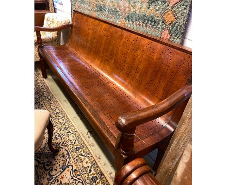 BENCH, Victorian mahogany with sloping pierced fruitwood seat and turned front supports, 190cm W. 