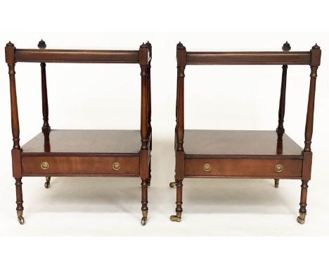 LAMP TABLES, a pair, George III design flame mahogany each with two tiers and drawer, 45cm x 45cm x 61cm H. (2) 
