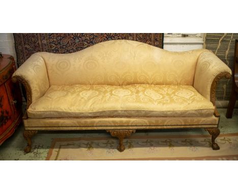 SOFA, 215cm W x 80cm W x 94cm H, George III style walnut in silk damask with oak leaf and acorn detail. 